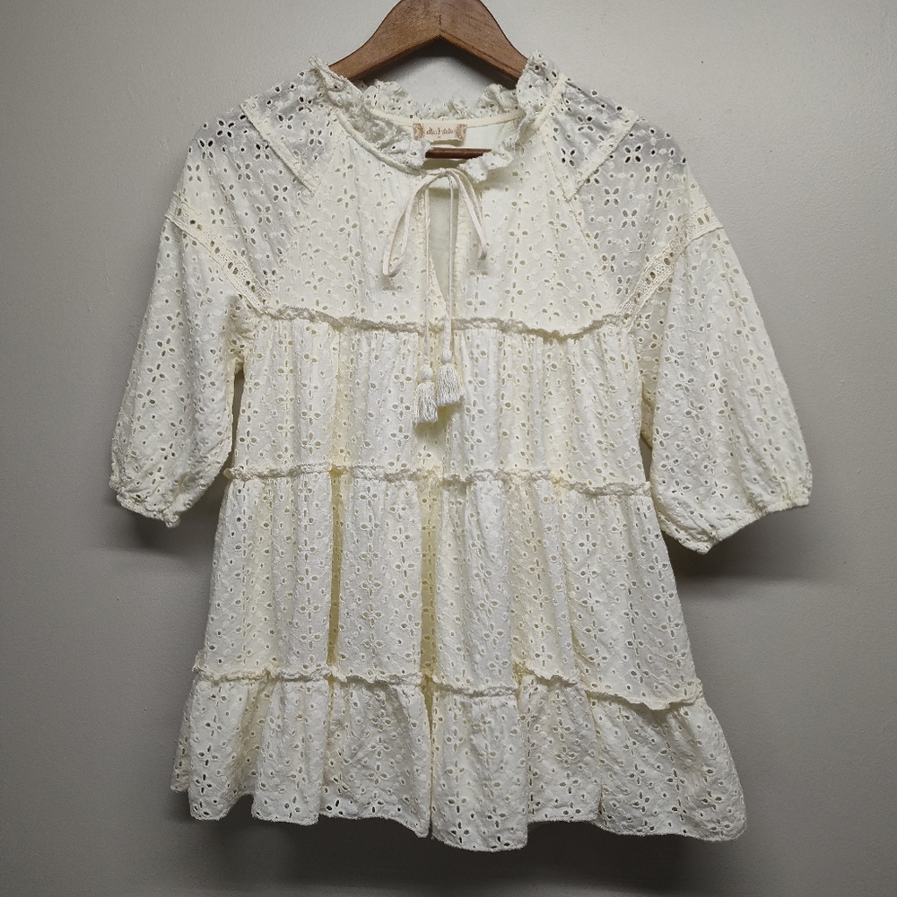 Altar'd State Ruffle Top Women Size M Ivory Short Sleeve Eyelet Embroidered